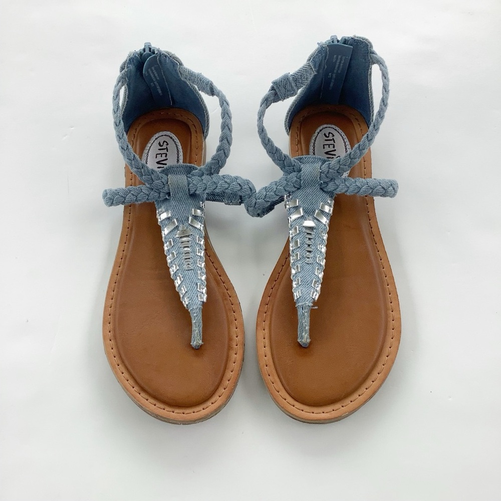Steve Madden Light Blue Braided T-Strap Sandals with Metallic Accents